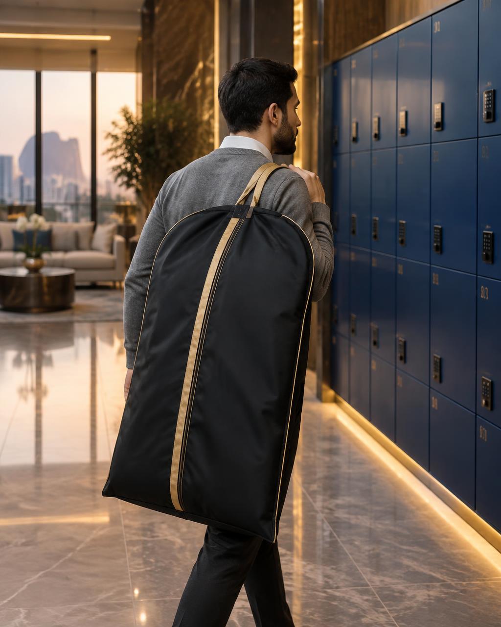 A PAK garment bag carried past a wall of collection lockers