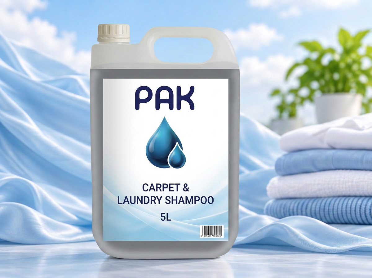 PAK laundry detergent bottle with folded laundry behind it